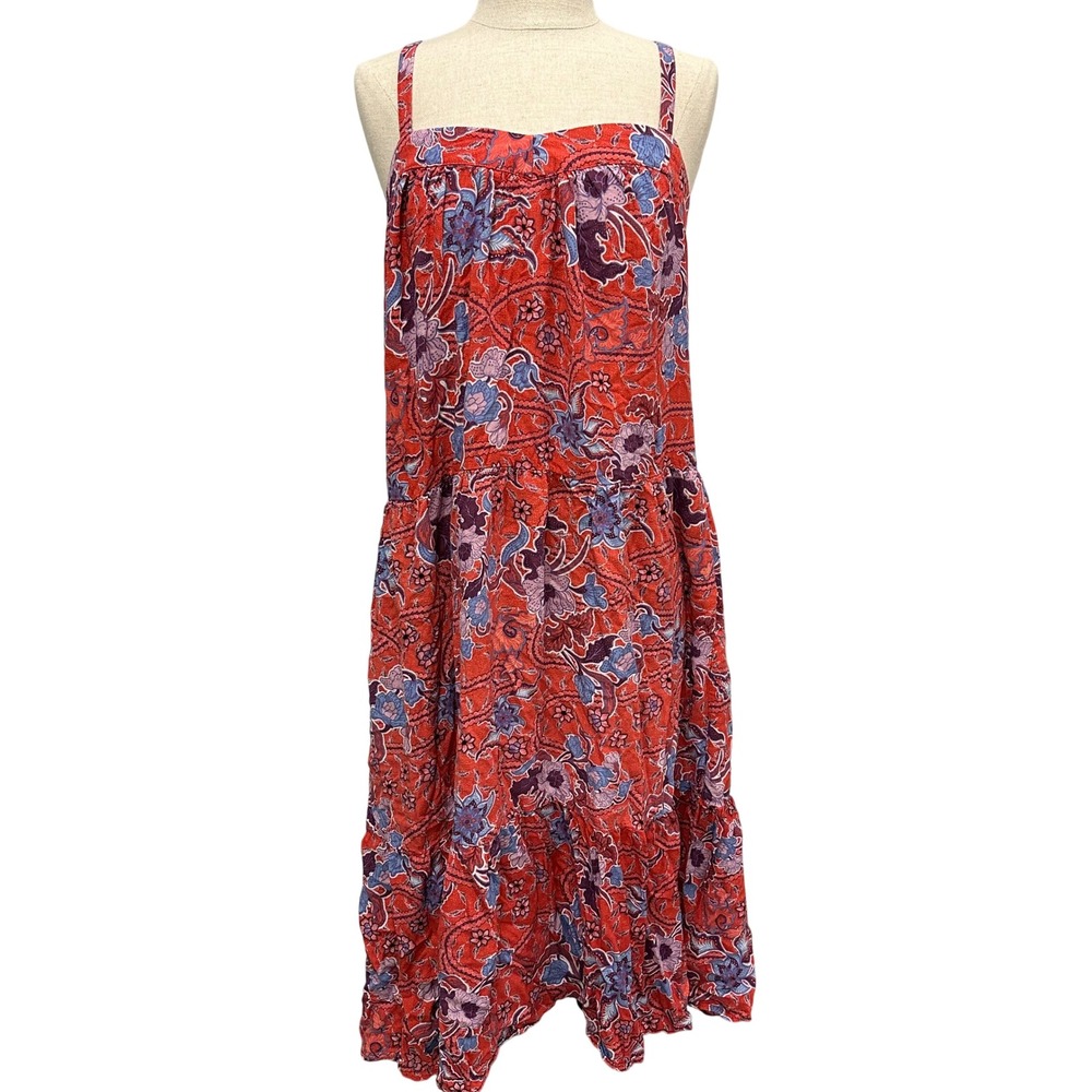 Knox Rose Womens Red Floral Paisley Tiered Midi Dress Medium Smocked Back‎ Boho